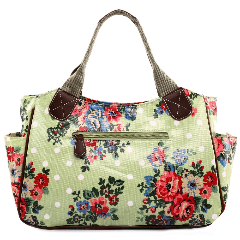 L1105F Miss Lulu Oilcloth Tote Bag Flower Polka Dot Green